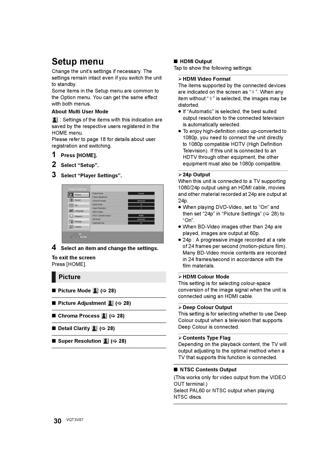 Panasonic DMP-BDT320 operating instructions Setup menu, Picture 