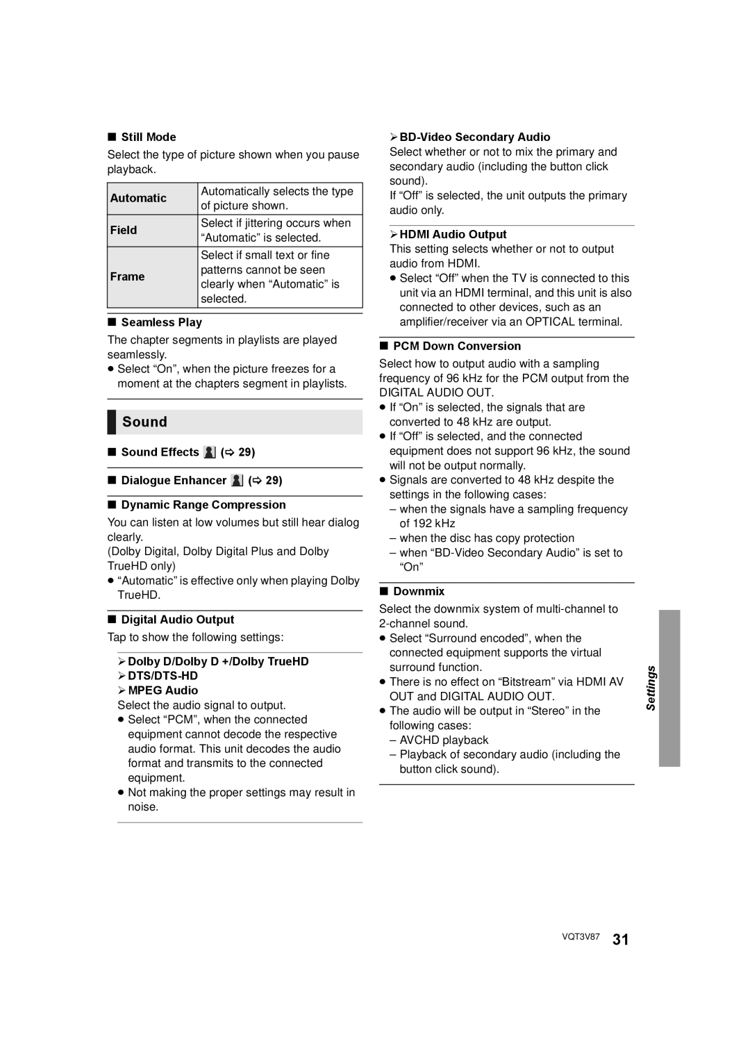 Panasonic DMP-BDT320 operating instructions Sound 