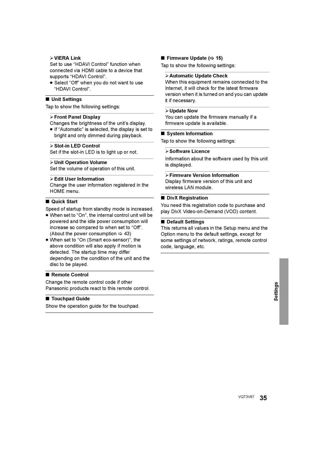 Panasonic DMP-BDT320 ¾ Viera Link, Unit Settings, ¾ Front Panel Display, ¾ Slot-in LED Control, ¾ Unit Operation Volume 