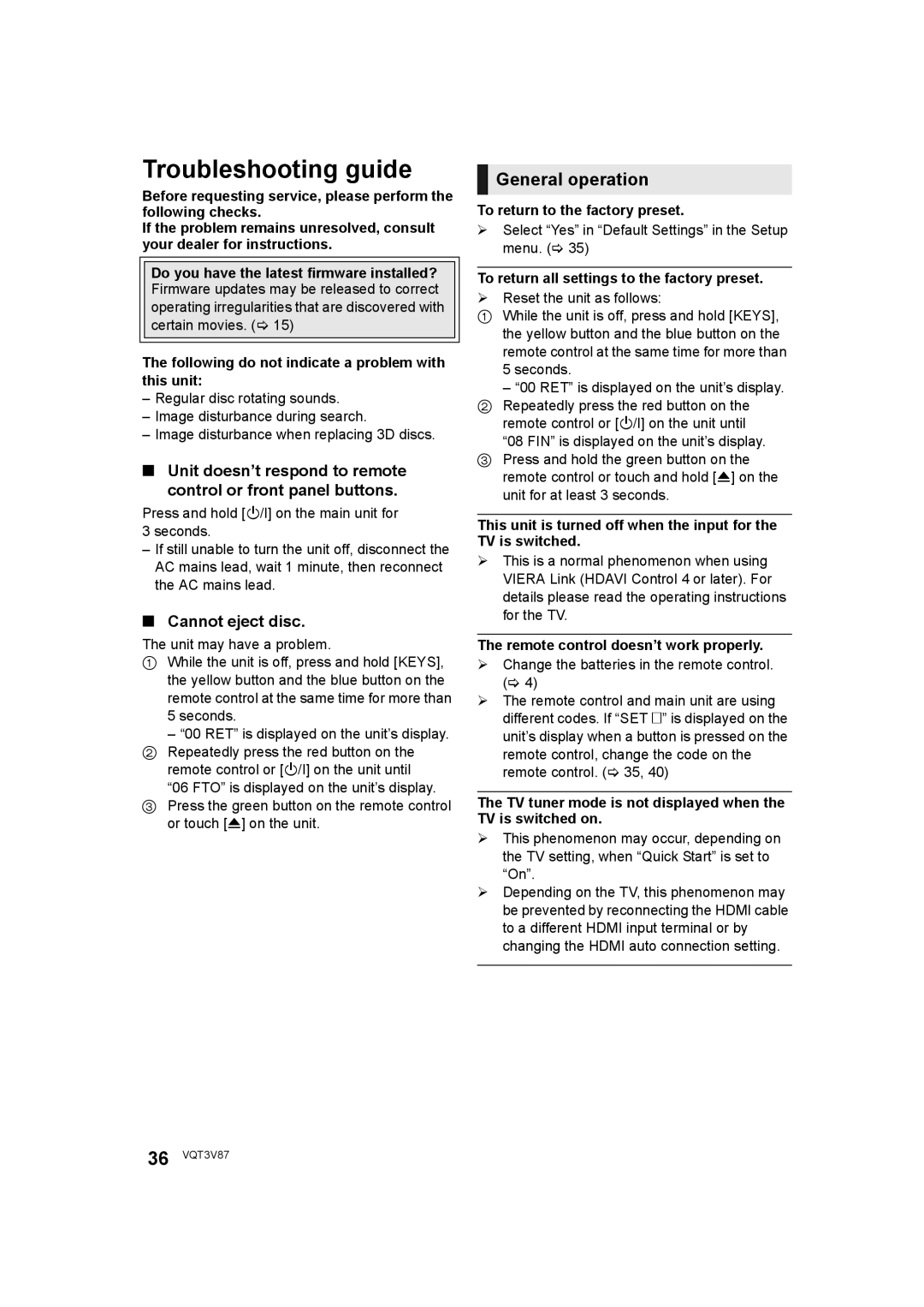 Panasonic DMP-BDT320 operating instructions Troubleshooting guide, General operation, Cannot eject disc 