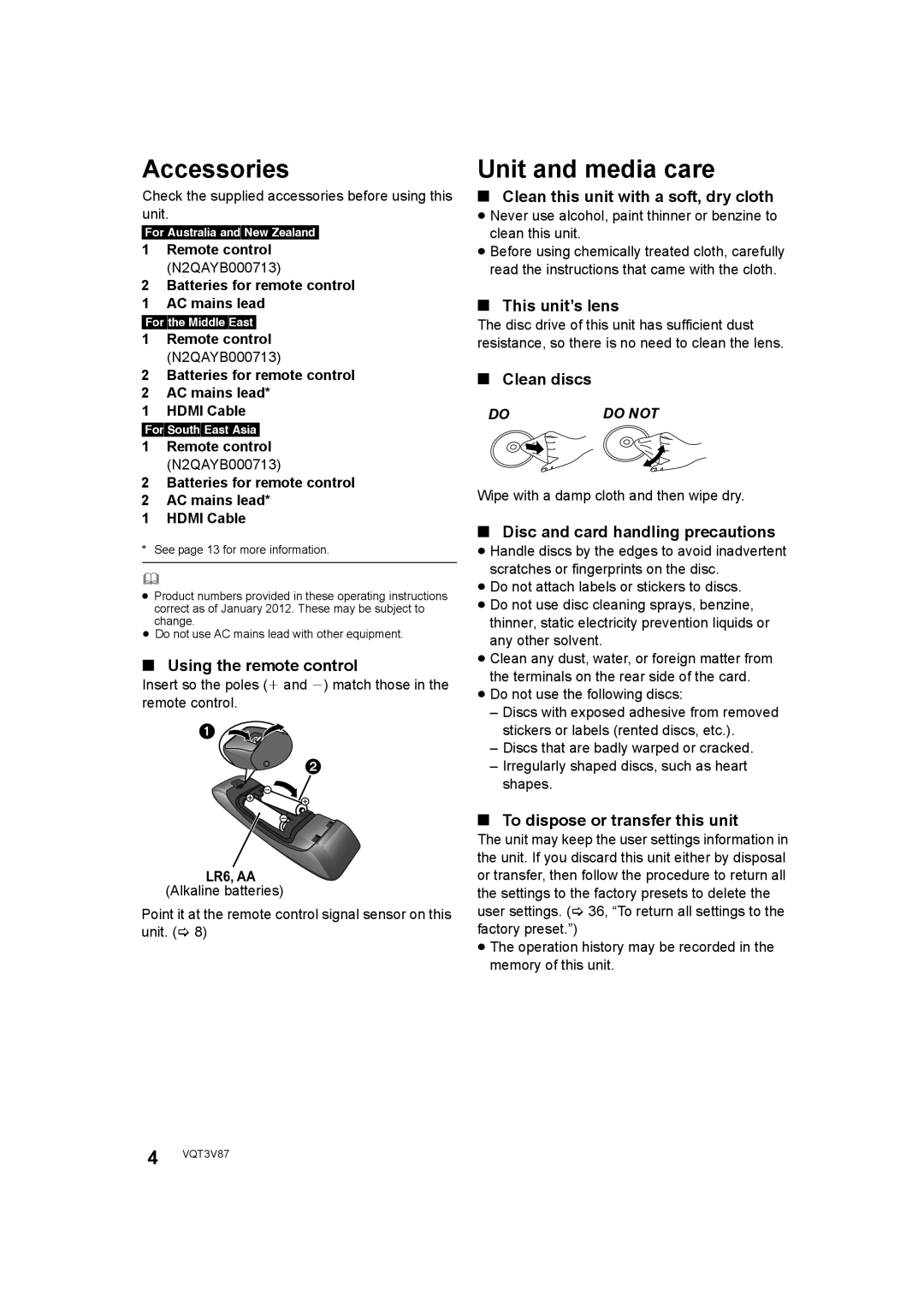 Panasonic DMP-BDT320 operating instructions Accessories, Unit and media care 