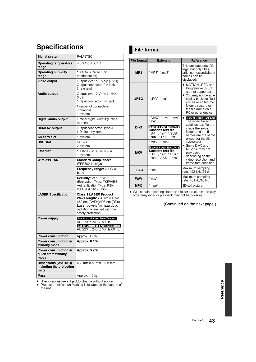 Panasonic DMP-BDT320 operating instructions Specifications, File format, On the next 