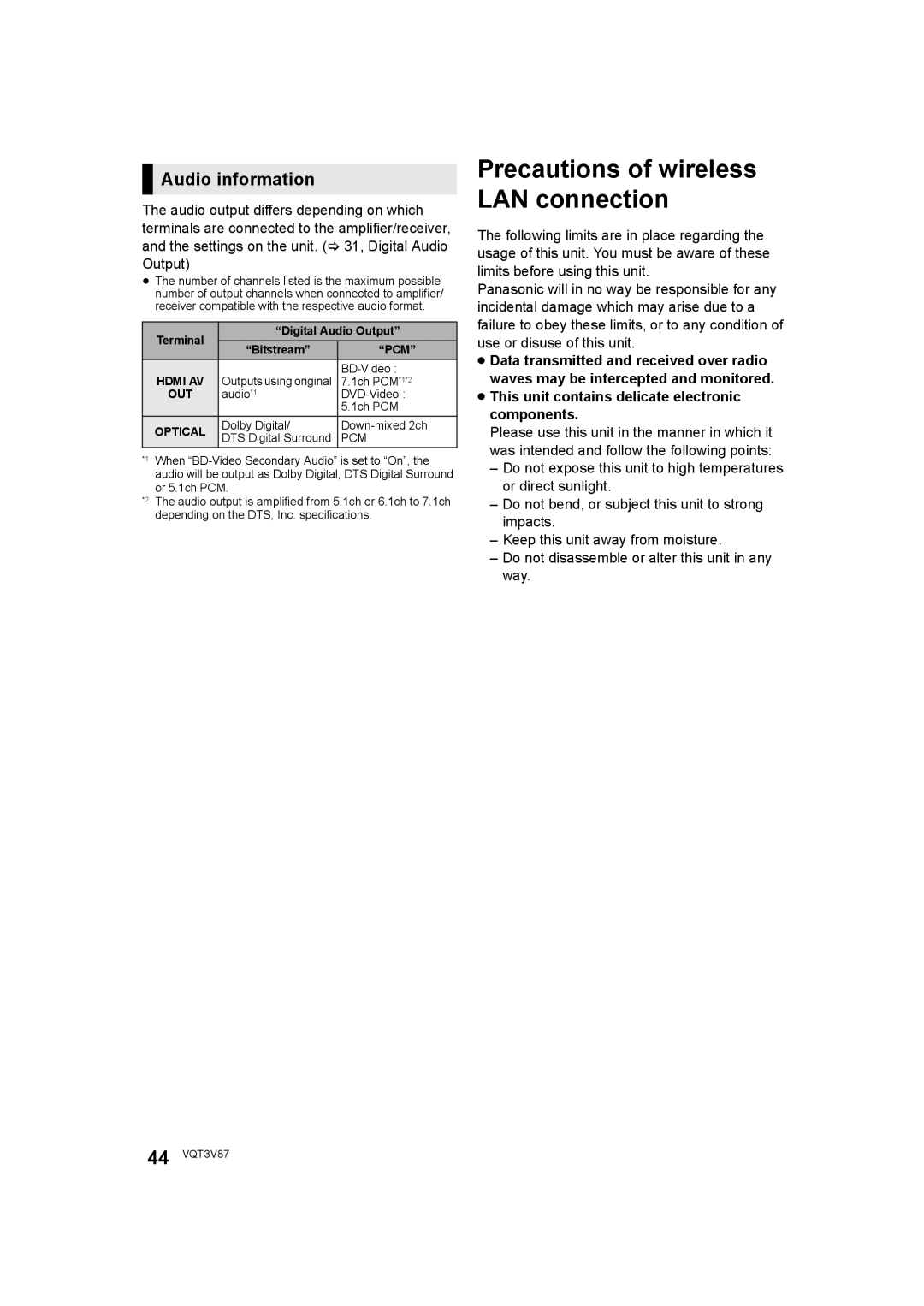 Panasonic DMP-BDT320 operating instructions Audio information, ≥ This unit contains delicate electronic components 