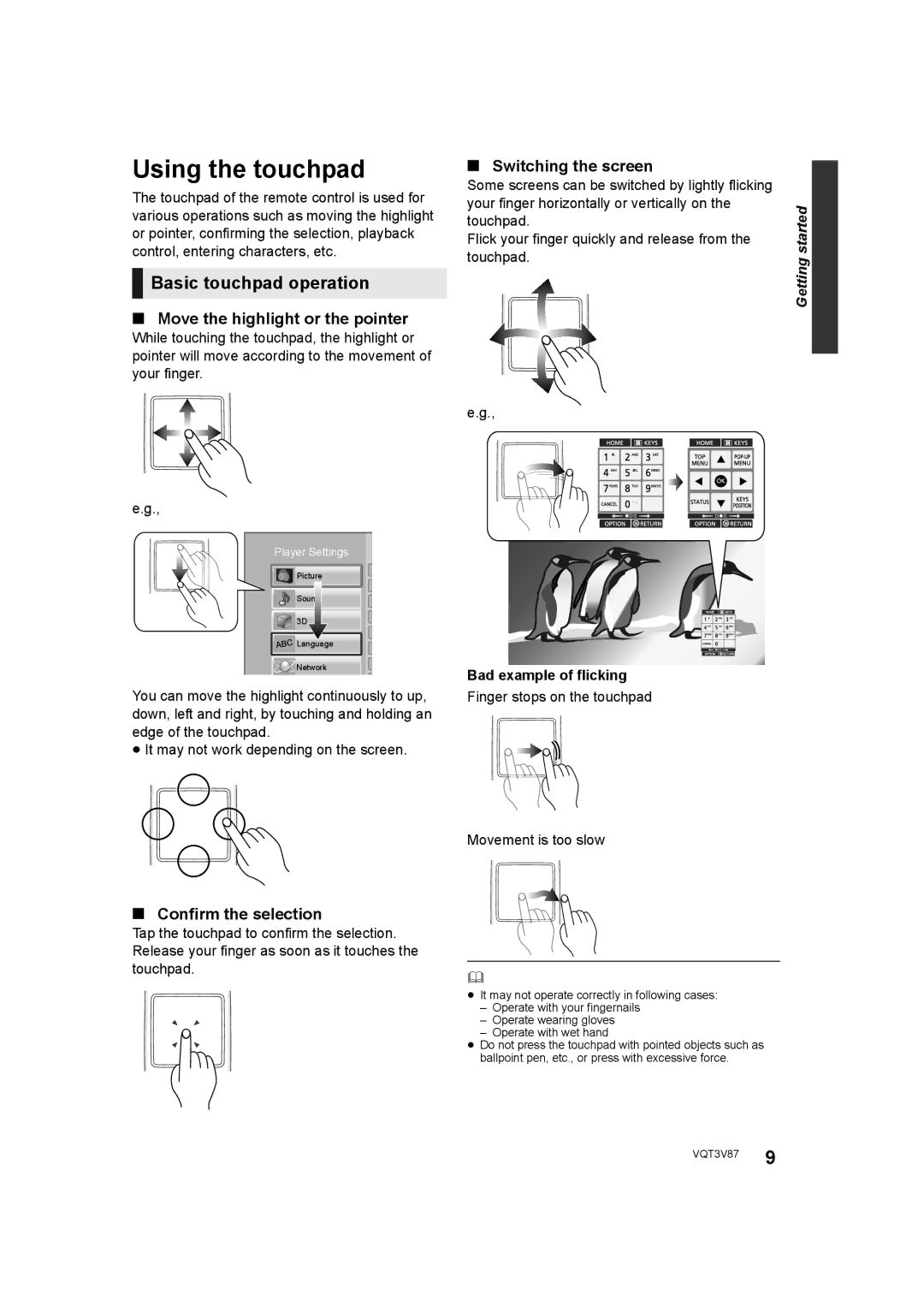 Panasonic DMP-BDT320 Using the touchpad, Basic touchpad operation, Move the highlight or the pointer, Switching the screen 