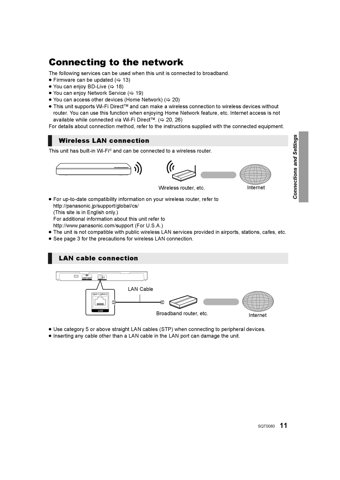 Panasonic DMP-BDT360, DMP-BDT361, DMP-BDT460 Connecting to the network, Wireless LAN connection, LAN cable connection 