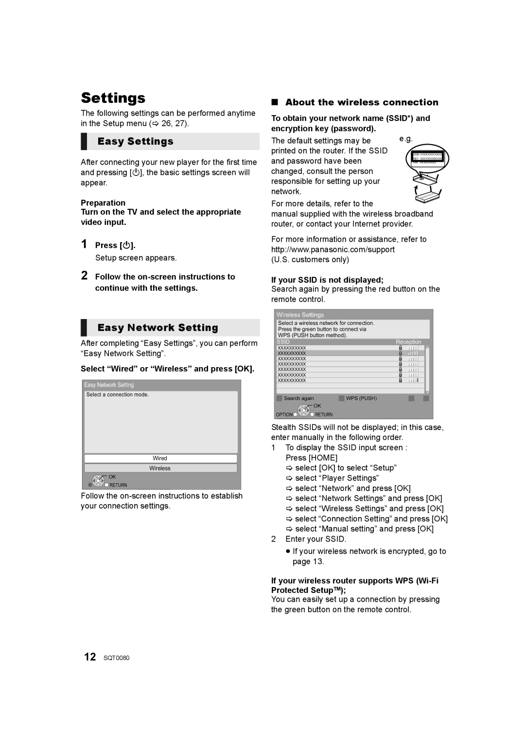 Panasonic DMP-BDT361, DMP-BDT460, DMP-BDT360 Easy Settings, Easy Network Setting, About the wireless connection 