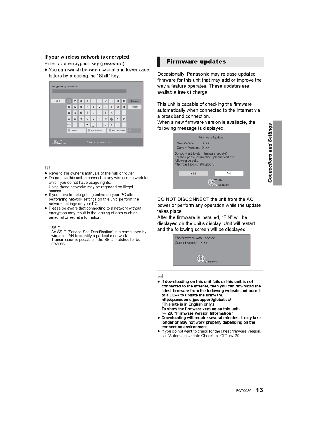 Panasonic DMP-BDT460, DMP-BDT361, DMP-BDT360 owner manual Firmware updates, If your wireless network is encrypted 