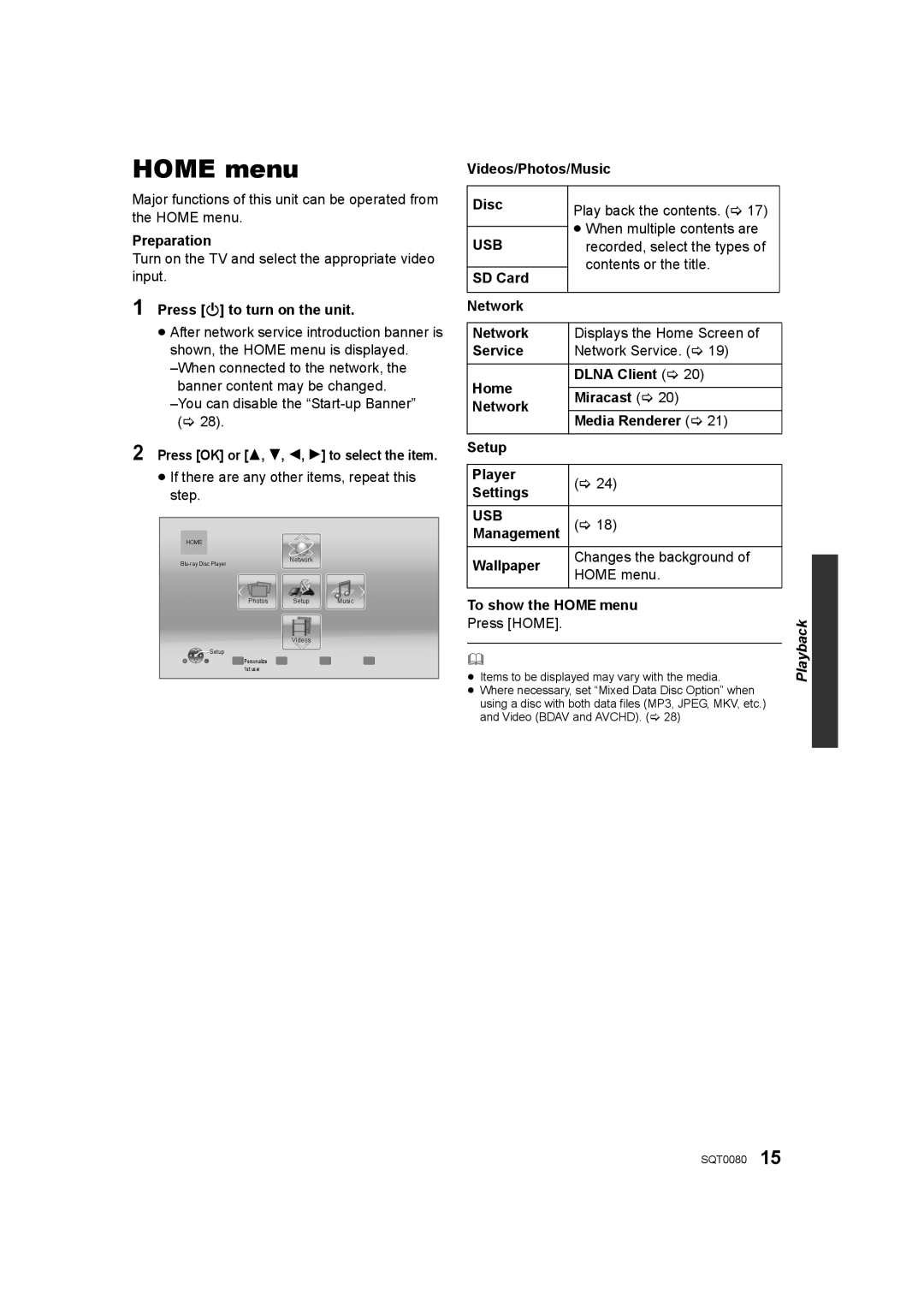 Panasonic DMP-BDT361, DMP-BDT460, DMP-BDT360 owner manual Home menu, Usb 