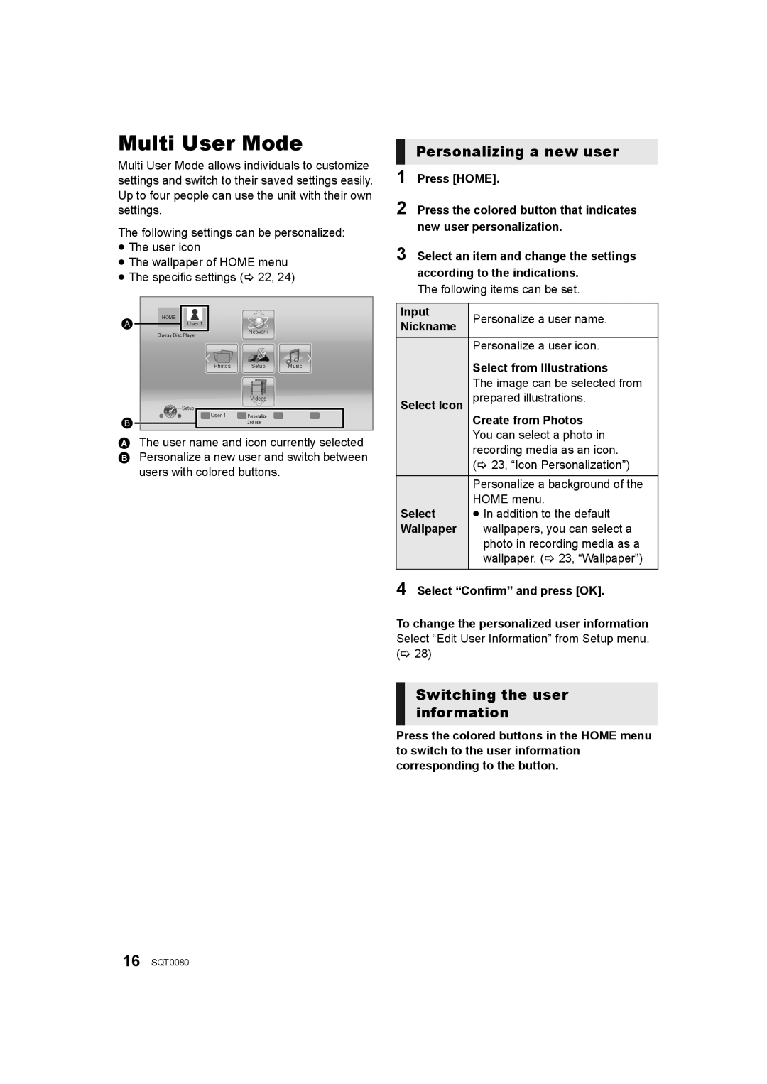 Panasonic DMP-BDT460, DMP-BDT361, DMP-BDT360 Multi User Mode, Personalizing a new user, Switching the user information 