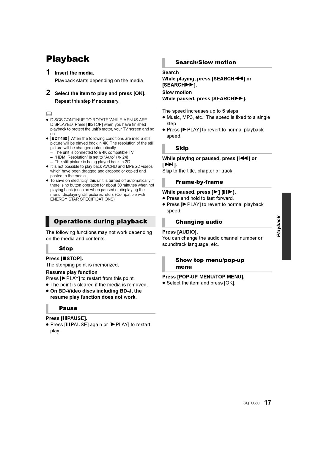 Panasonic DMP-BDT360, DMP-BDT361, DMP-BDT460 owner manual Playback, Operations during playback 