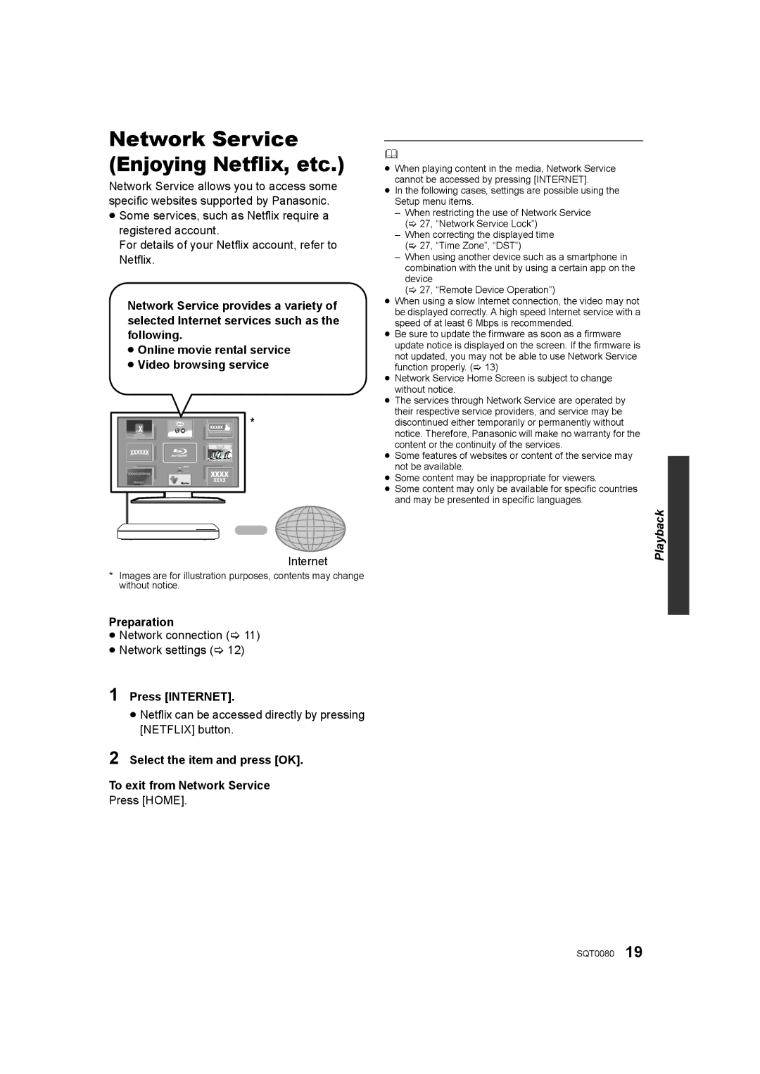 Panasonic DMP-BDT460, DMP-BDT361, DMP-BDT360 Press Internet, Select the item and press OK To exit from Network Service 