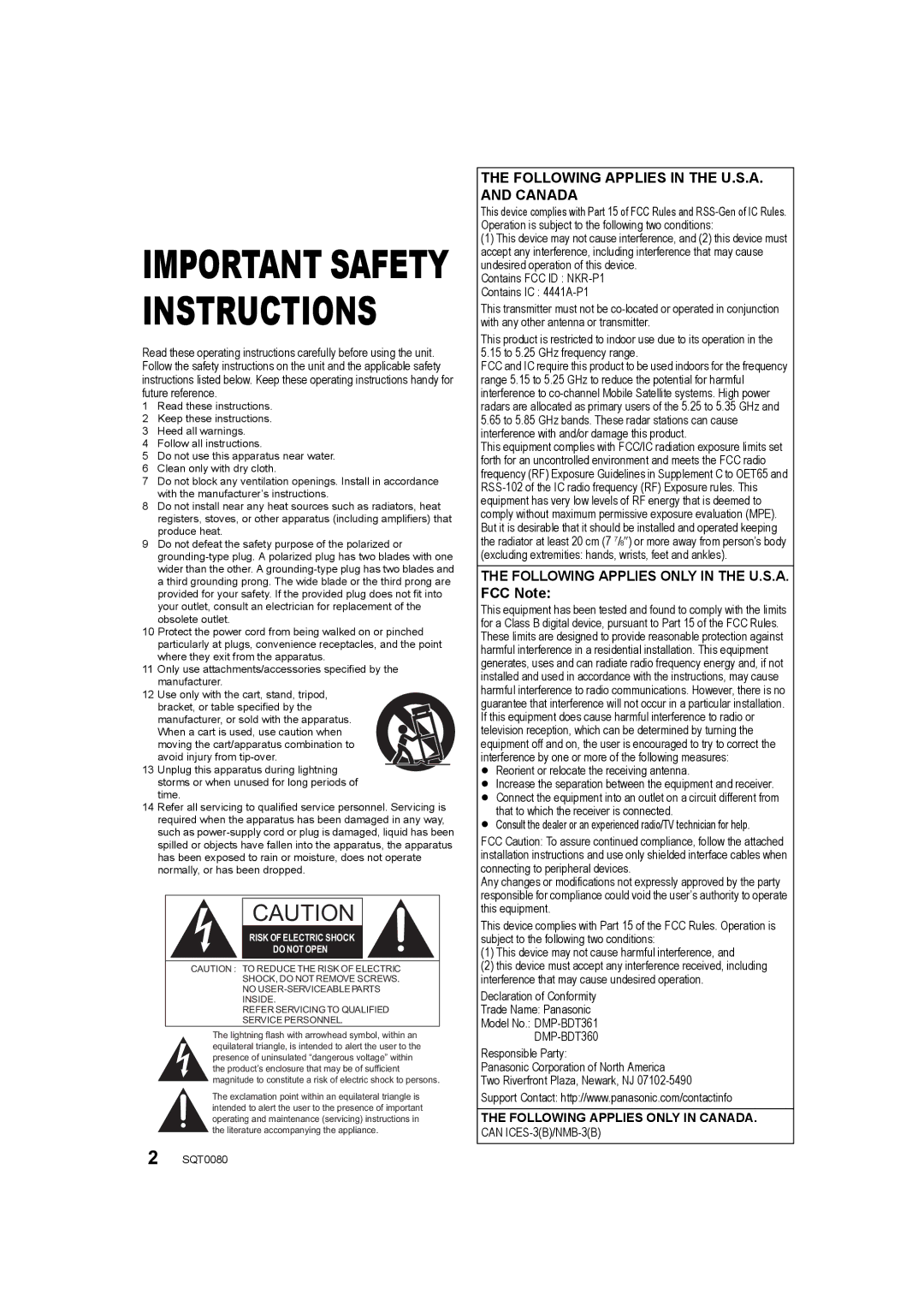 Panasonic DMP-BDT360, DMP-BDT361 Following Applies in the U.S.A. and Canada, Following Applies only in the U.S.A. FCC Note 