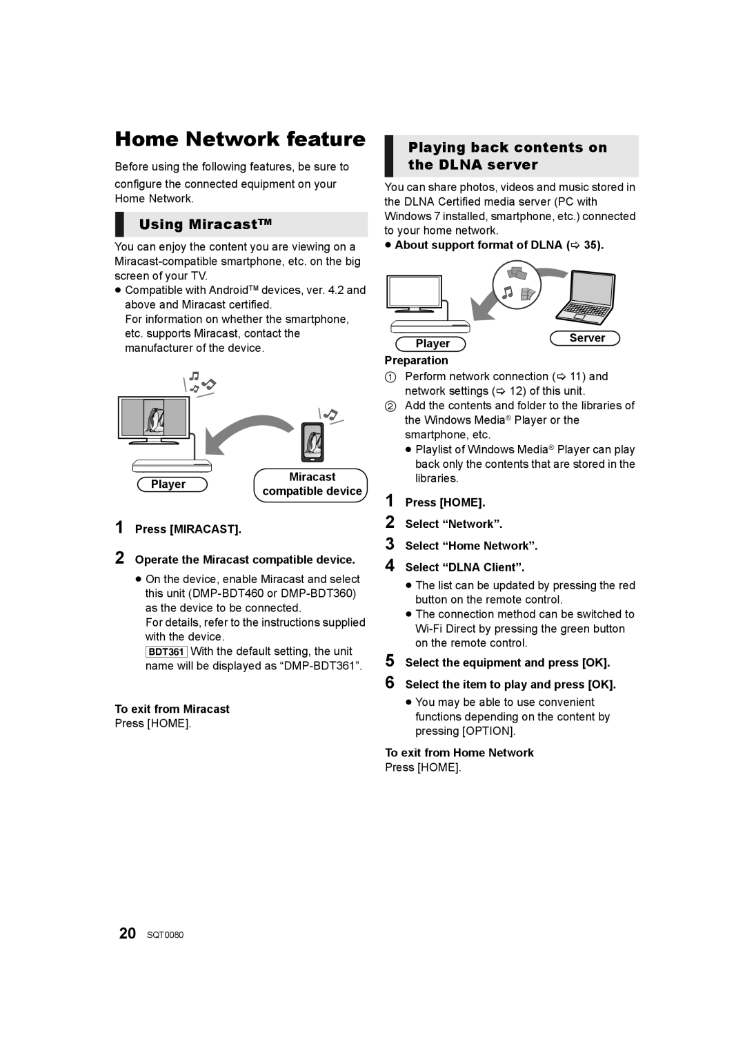 Panasonic DMP-BDT360, DMP-BDT361 Home Network feature, Using MiracastTM, Playing back contents on the Dlna server 