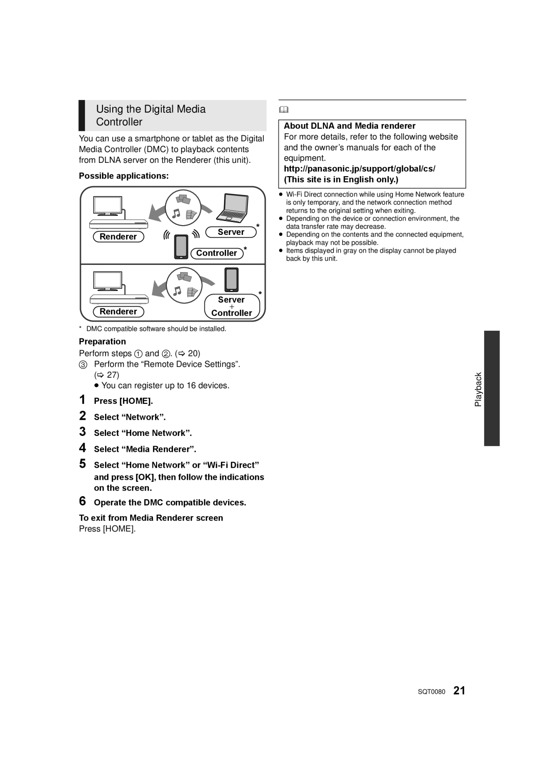 Panasonic DMP-BDT361 Using the Digital Media Controller, Possible applications Renderer Server, Server RendererController 