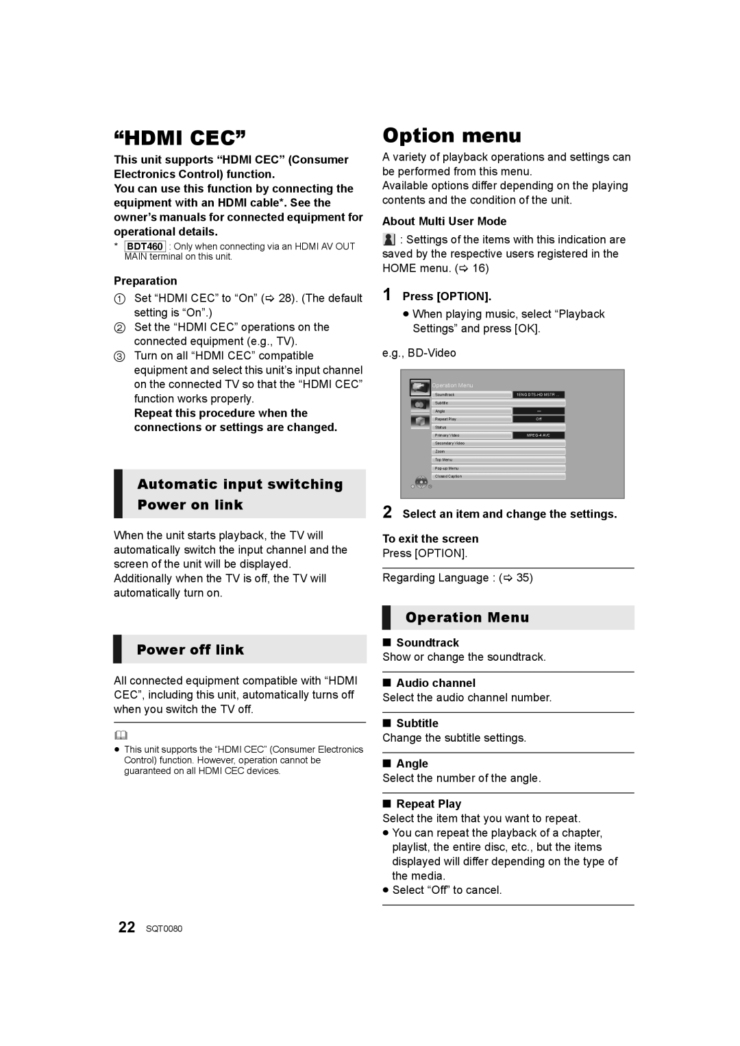 Panasonic DMP-BDT460, DMP-BDT361 Option menu, Automatic input switching Power on link, Power off link, Operation Menu 