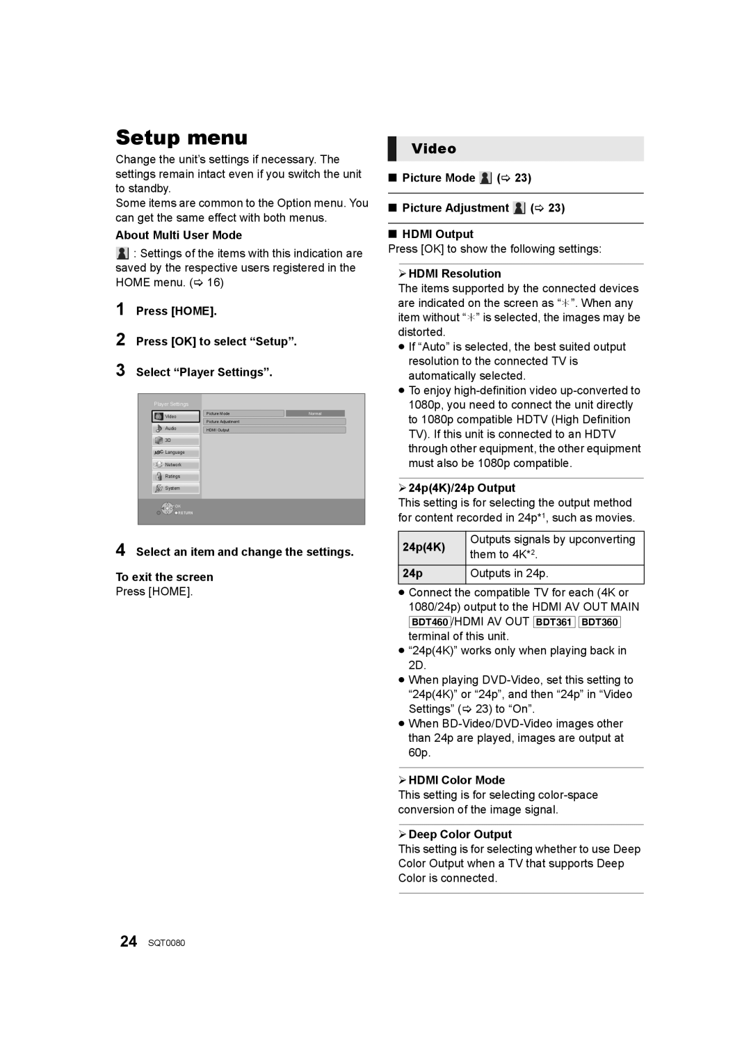 Panasonic DMP-BDT361, DMP-BDT460, DMP-BDT360 owner manual Setup menu, Video 