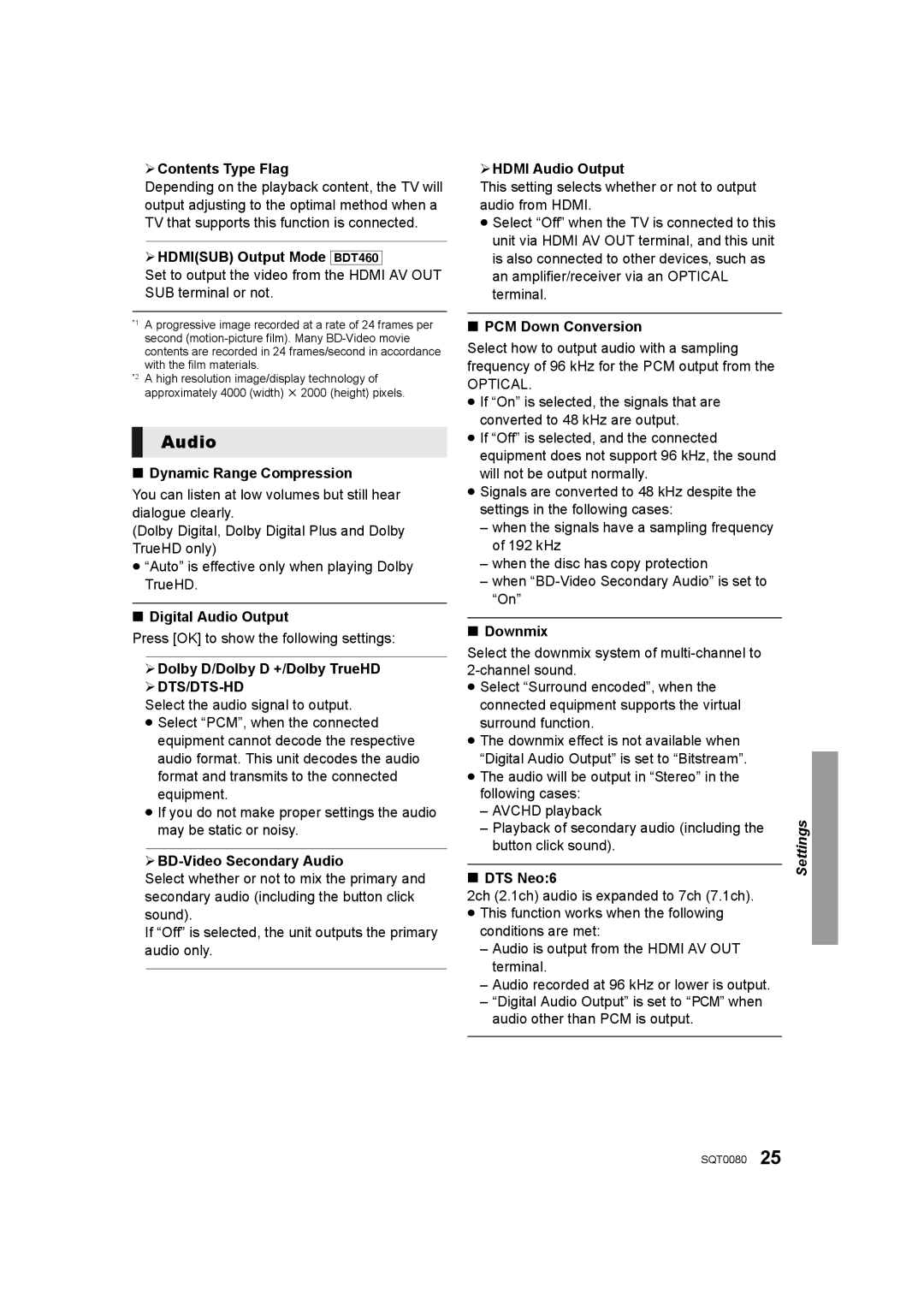 Panasonic DMP-BDT460, DMP-BDT361, DMP-BDT360 owner manual Audio, ¾ DTS/DTS-HD 