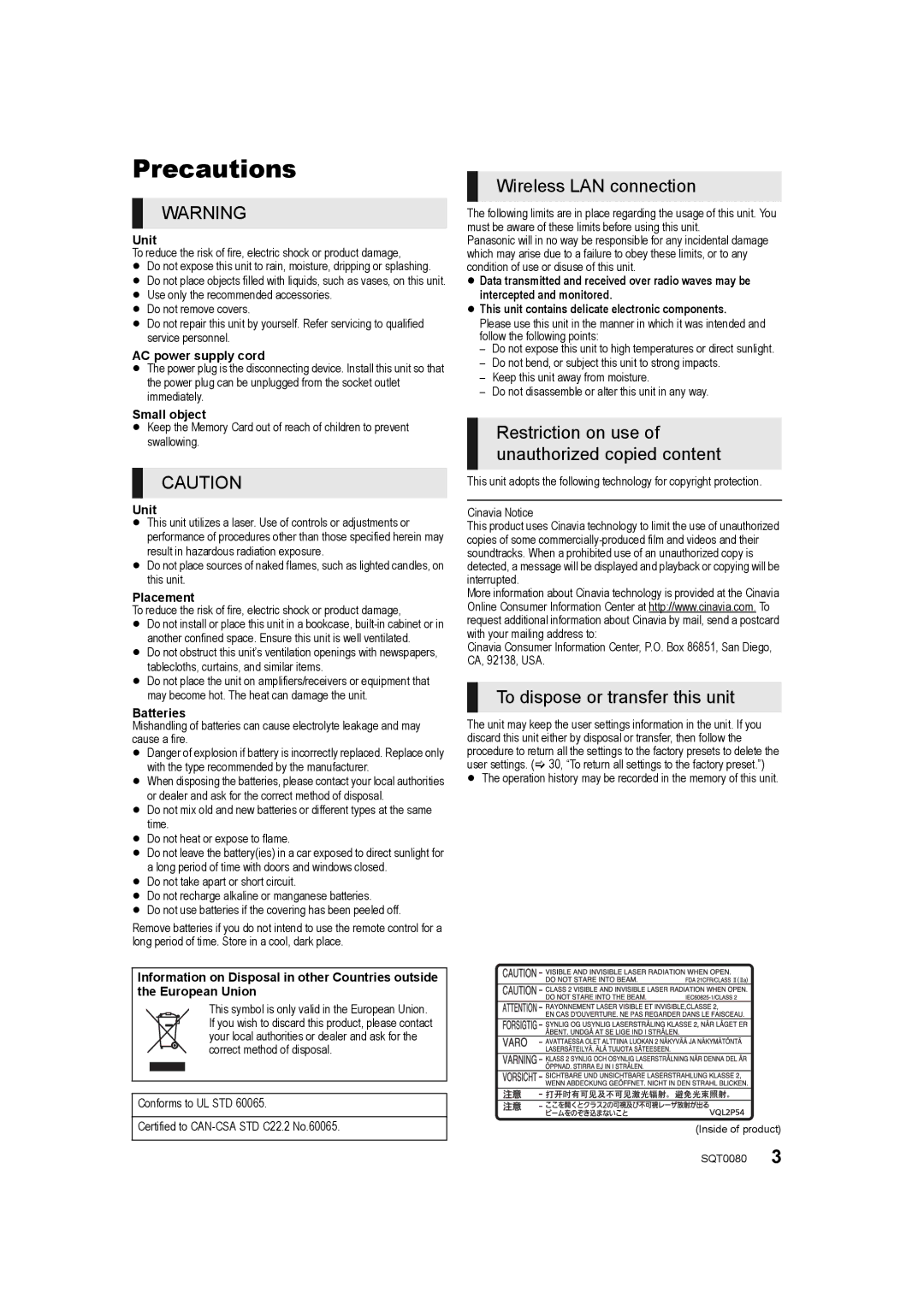 Panasonic DMP-BDT361, DMP-BDT460, DMP-BDT360 owner manual Precautions, Unit 