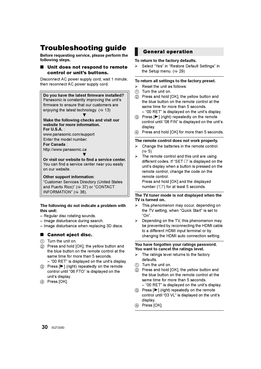 Panasonic DMP-BDT361 Troubleshooting guide, General operation, Unit does not respond to remote control or unit’s buttons 