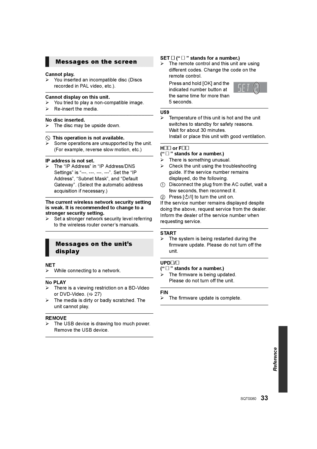 Panasonic DMP-BDT361, DMP-BDT460, DMP-BDT360 owner manual Messages on the screen, Messages on the unit’s display 