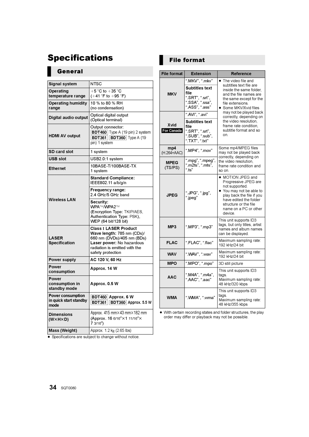 Panasonic DMP-BDT460, DMP-BDT361, DMP-BDT360 owner manual Specifications, General, File format 
