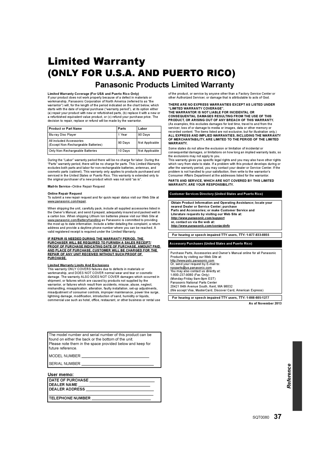 Panasonic DMP-BDT460, DMP-BDT361, DMP-BDT360 owner manual Limited Warranty 