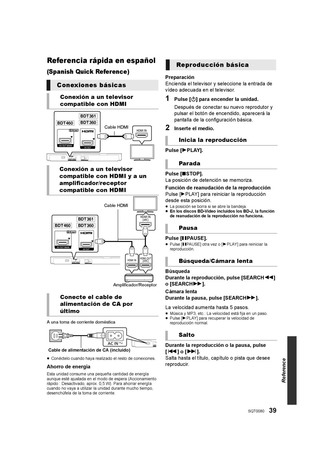 Panasonic DMP-BDT361, DMP-BDT460, DMP-BDT360 owner manual Spanish Quick Reference Conexiones básicas, Reproducción básica 