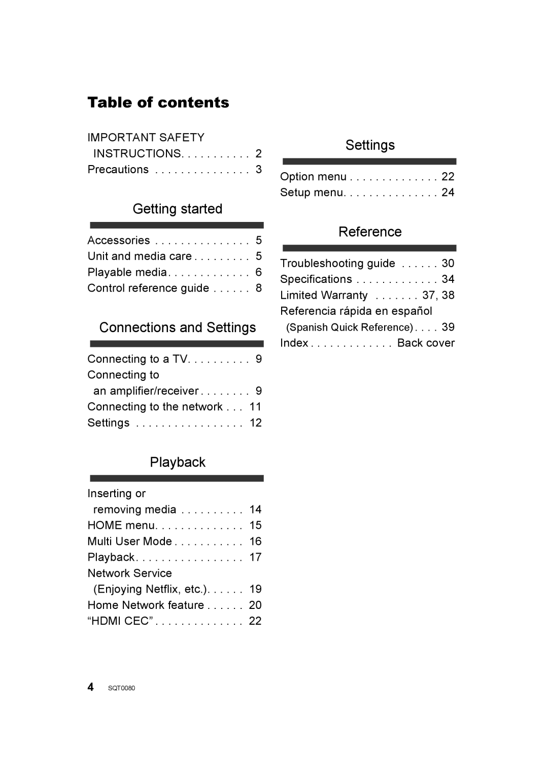 Panasonic DMP-BDT460, DMP-BDT361, DMP-BDT360 owner manual Table of contents 