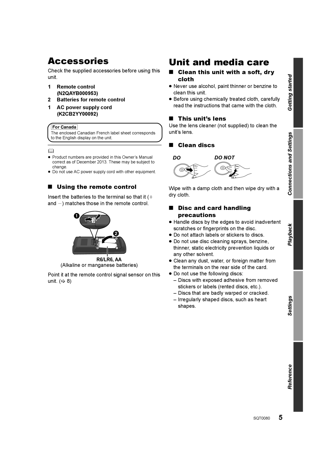 Panasonic DMP-BDT360, DMP-BDT361, DMP-BDT460 owner manual Accessories, Unit and media care 