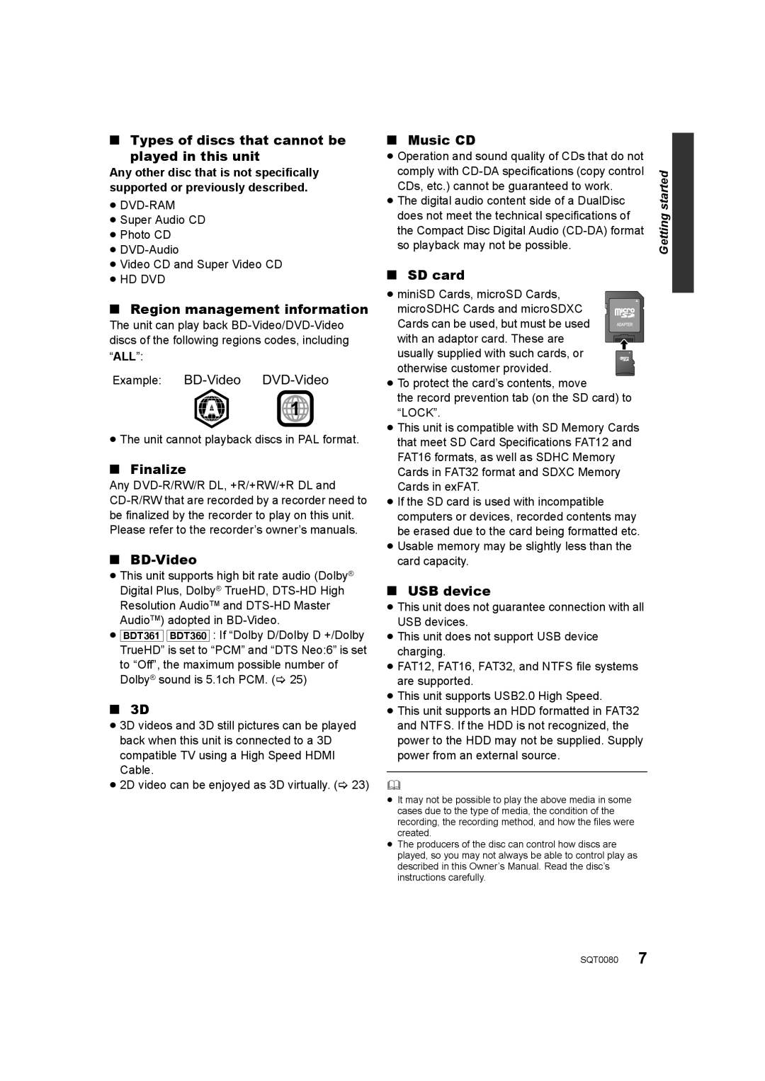 Panasonic DMP-BDT460 Types of discs that cannot be Played in this unit, Region management information, Finalize BD-Video 