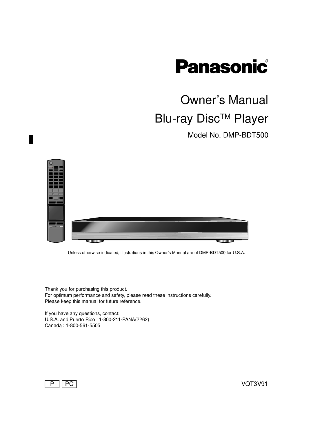 Panasonic DMP-BDT500 owner manual Blu-ray DiscTM Player 