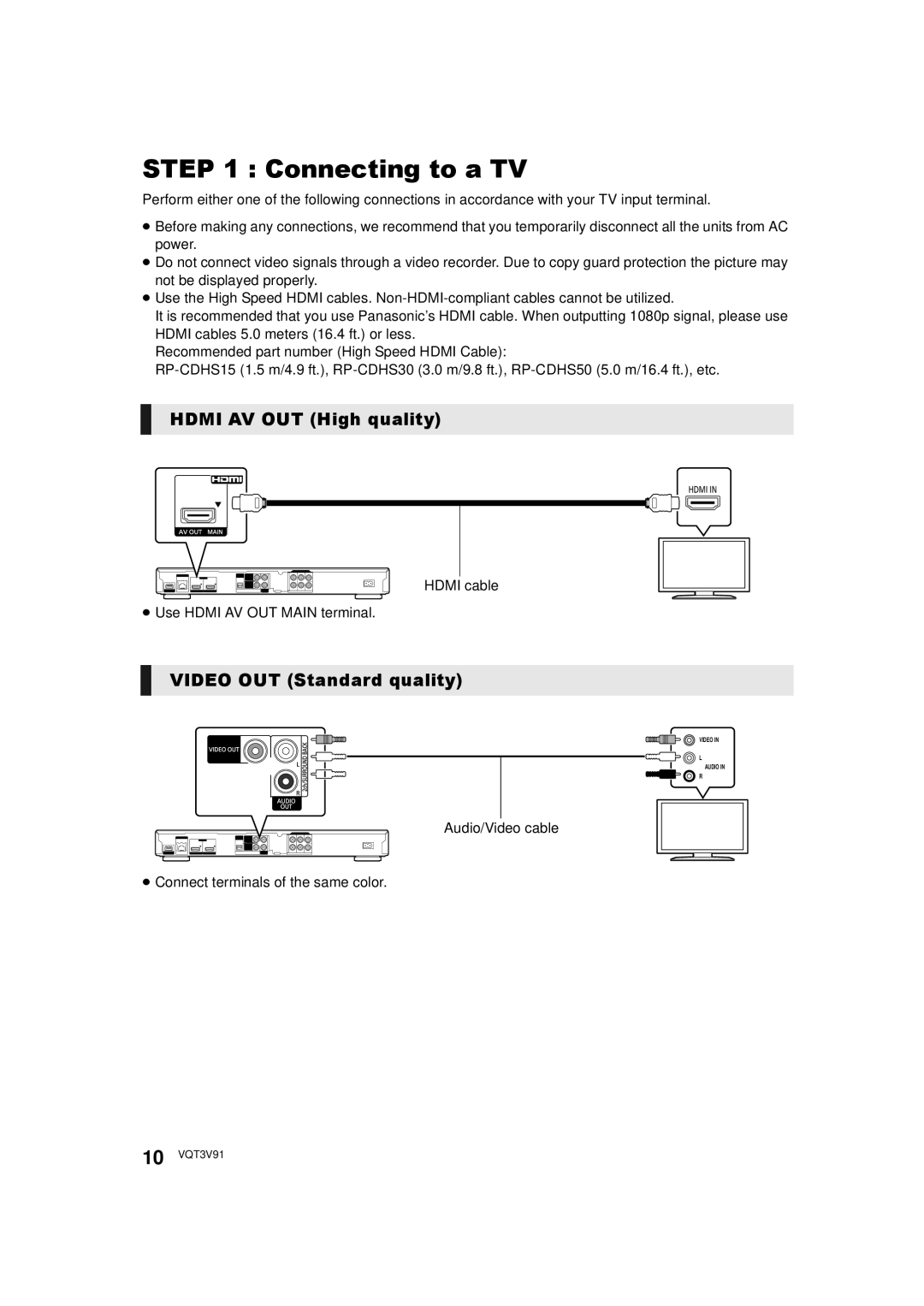 Panasonic DMP-BDT500 owner manual Connecting to a TV, Hdmi AV OUT High quality, Video OUT Standard quality 