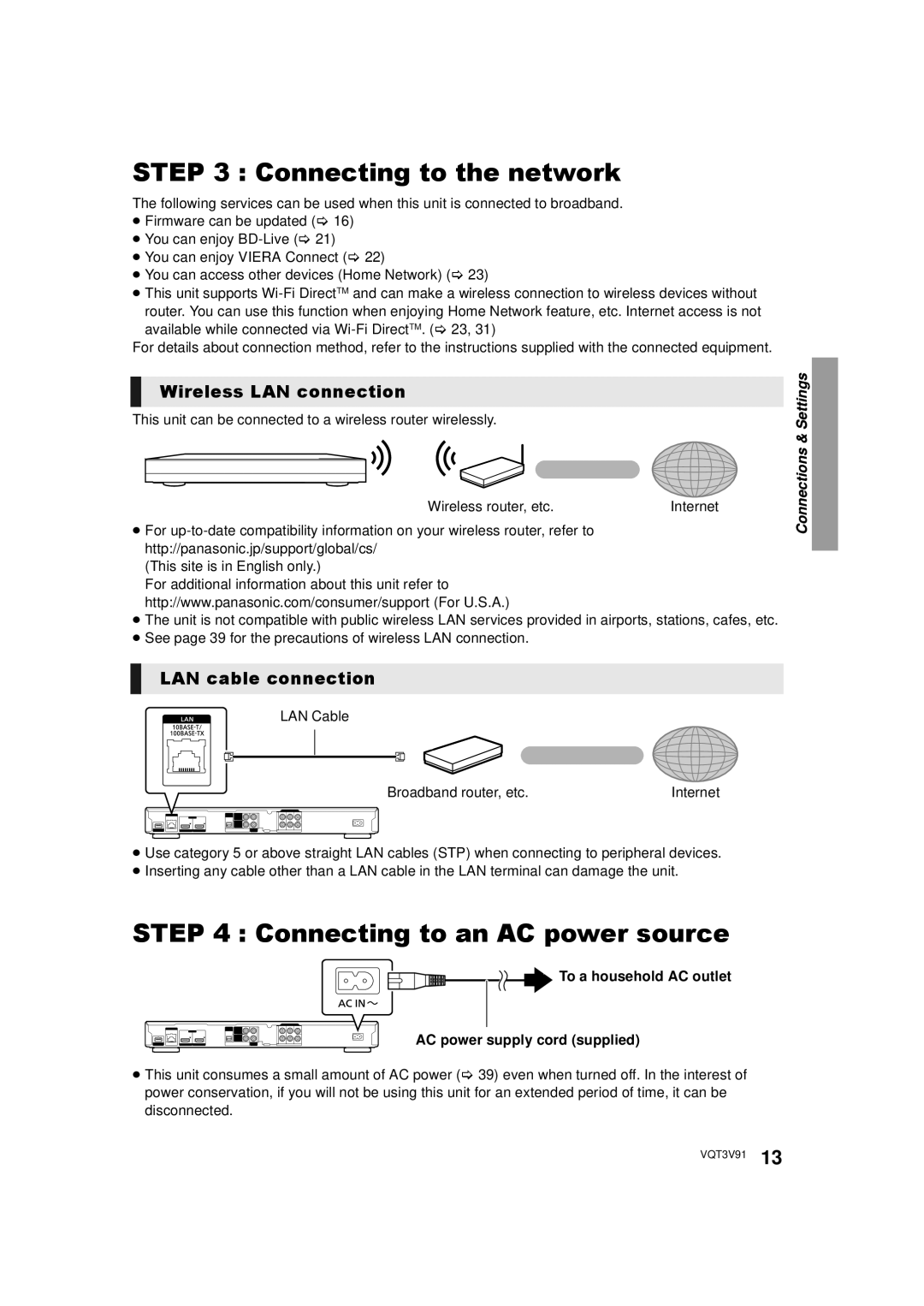 Panasonic DMP-BDT500 owner manual Connecting to the network, Connecting to an AC power source, Wireless LAN connection 