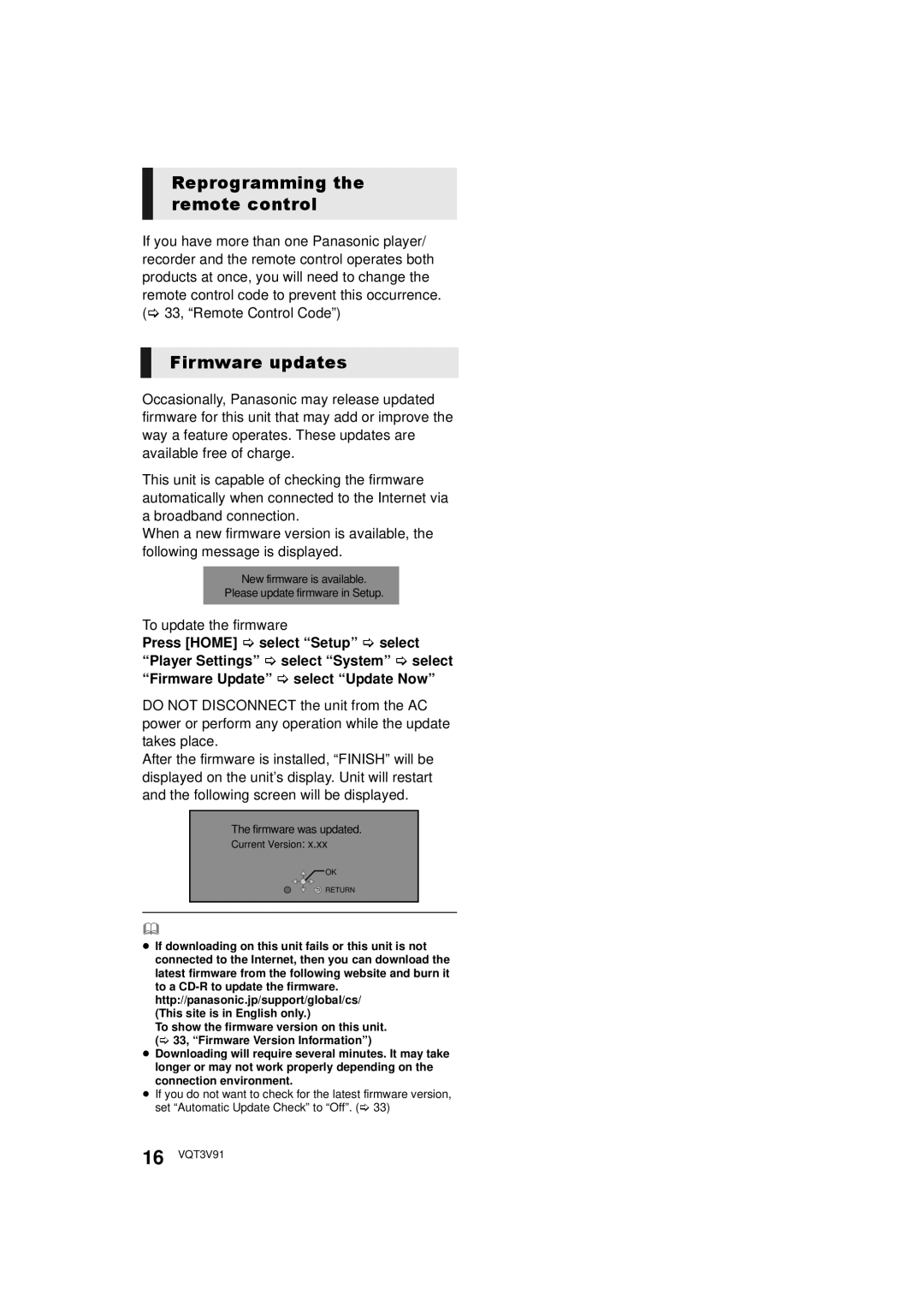 Panasonic DMP-BDT500 Reprogramming the remote control, Firmware updates, To update the firmware, Firmware was updated 