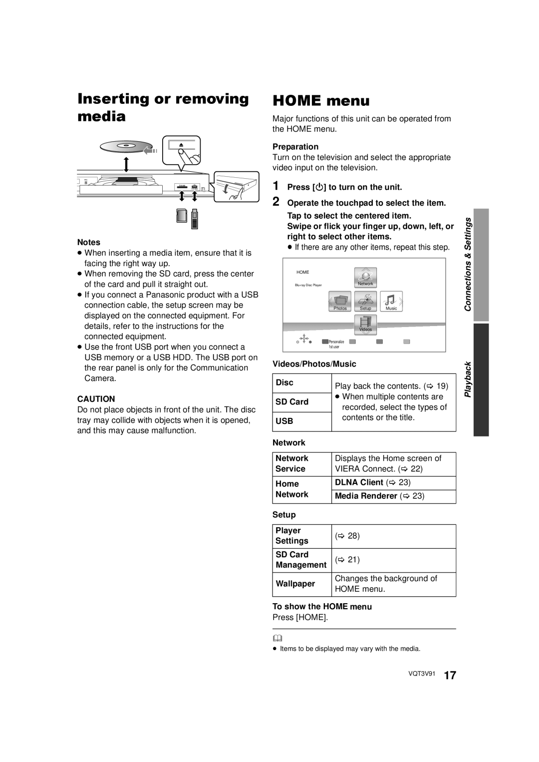 Panasonic DMP-BDT500 owner manual Inserting or removing media, Home menu, Videos/Photos/Music, Usb, Press Home 