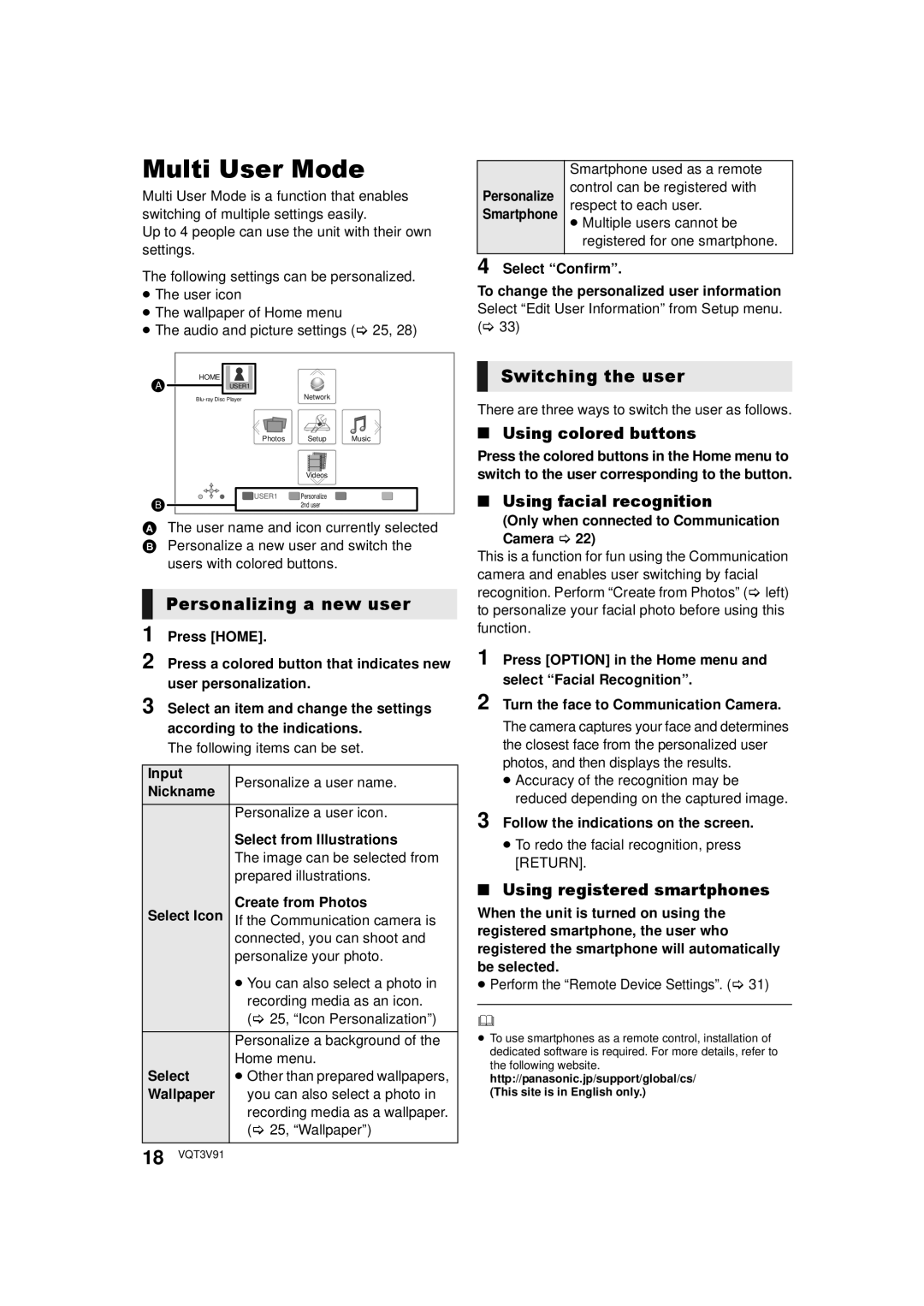 Panasonic DMP-BDT500 owner manual Multi User Mode, Switching the user, Using colored buttons, Using facial recognition 