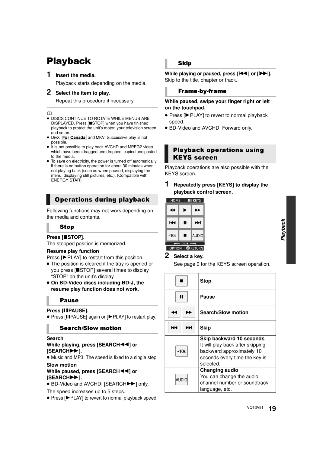 Panasonic DMP-BDT500 owner manual Operations during playback, Playback operations using Keys screen 