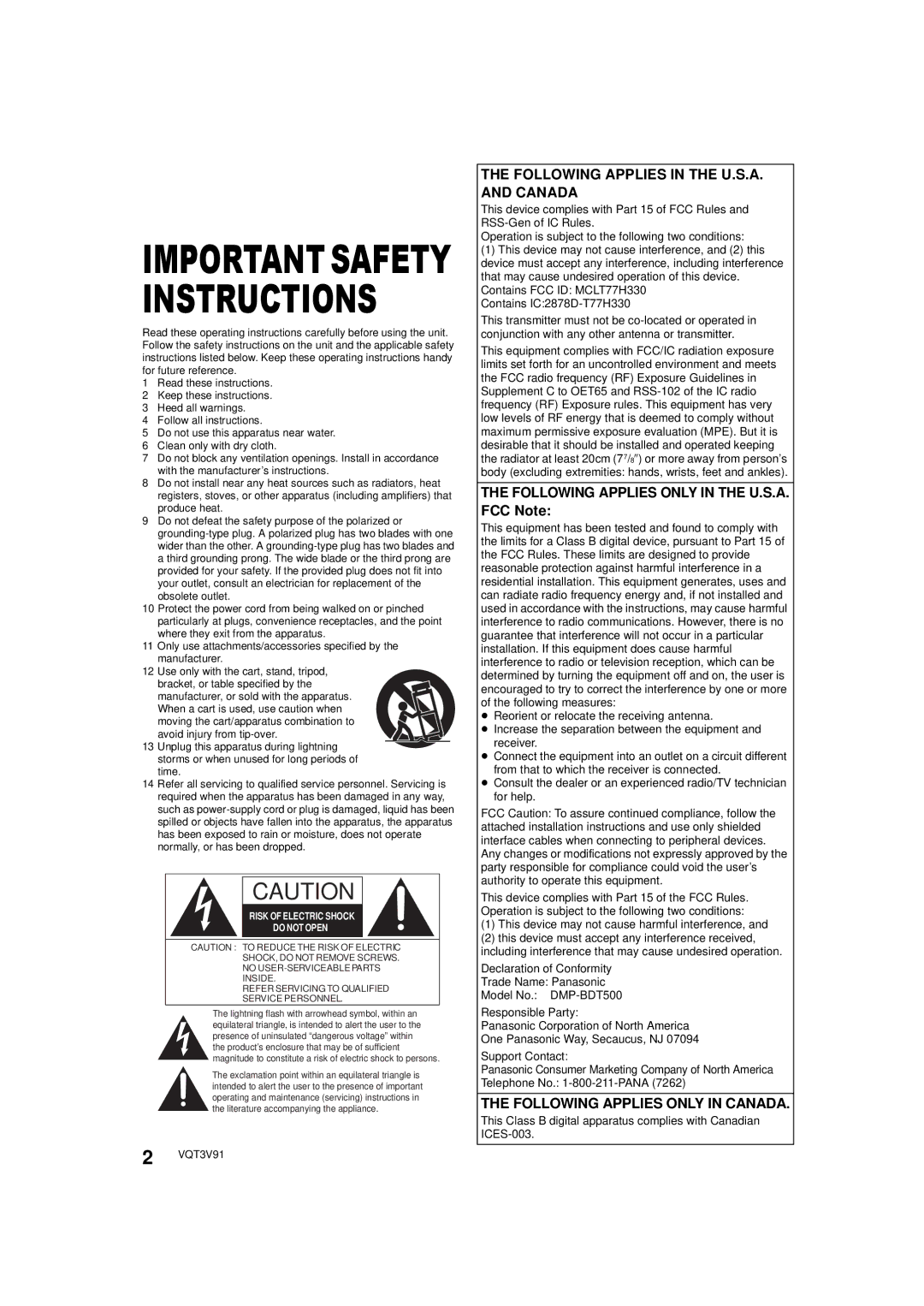 Panasonic DMP-BDT500 owner manual Following Applies in the U.S.A. and Canada, Following Applies only in the U.S.A. FCC Note 