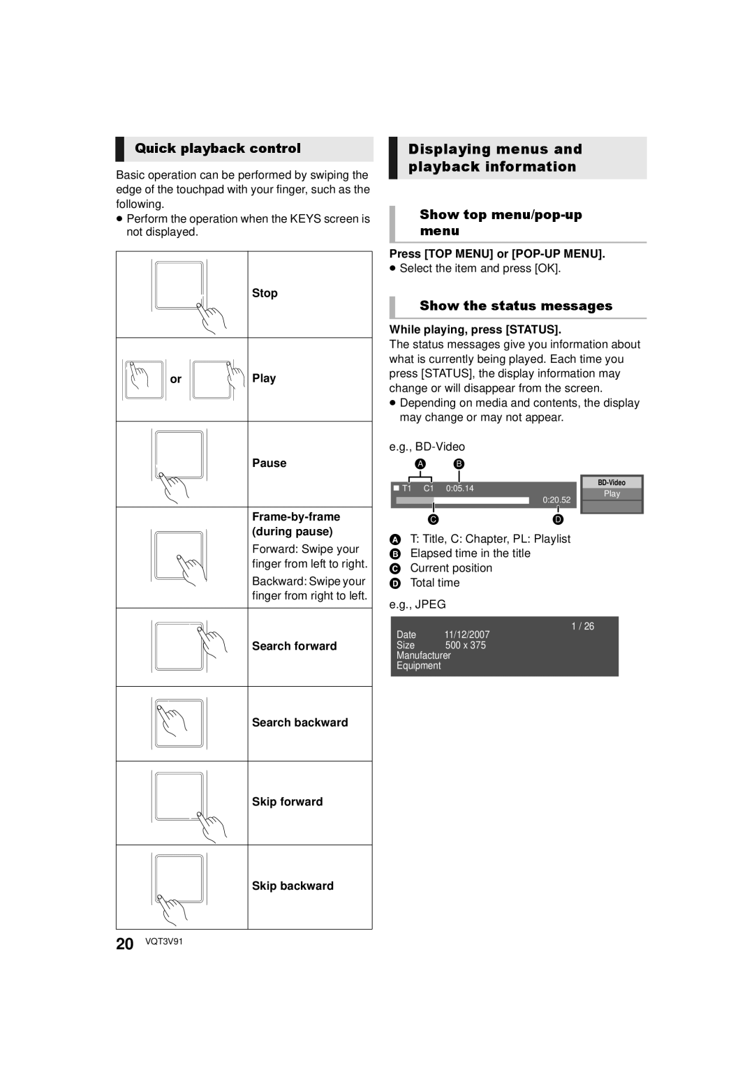 Panasonic DMP-BDT500 Displaying menus and playback information, Quick playback control, Show top menu/pop-up menu 