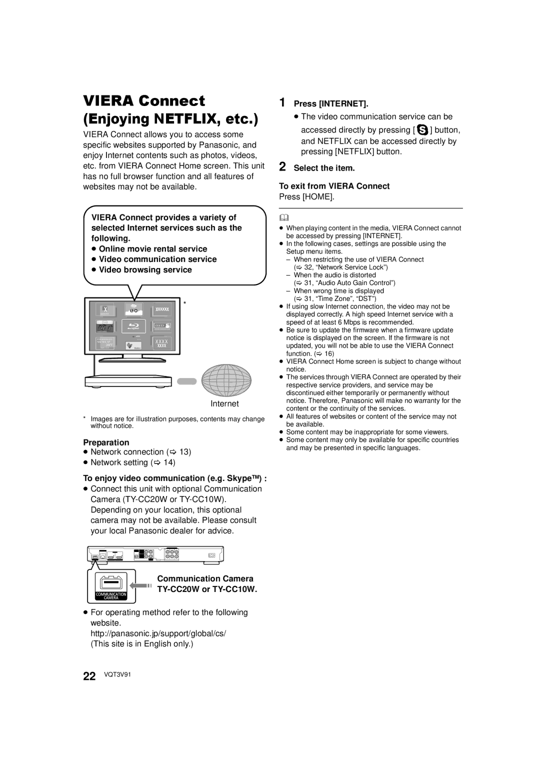 Panasonic DMP-BDT500 ≥ Network connection ≥ Network setting, Communication Camera TY-CC20W or TY-CC10W, Press Internet 