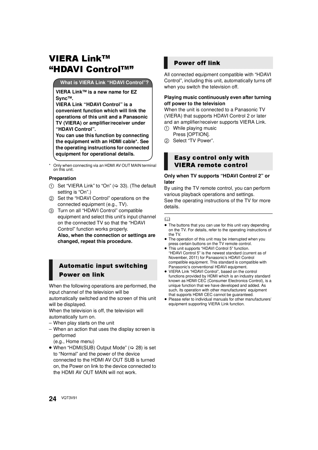 Panasonic DMP-BDT500 owner manual Viera LinkTM Hdavi ControlTM, Automatic input switching Power on link, Power off link 