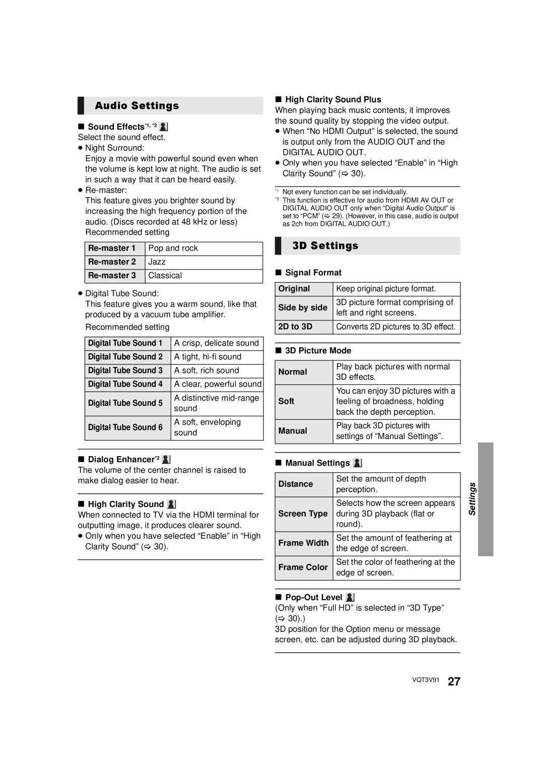 Panasonic DMP-BDT500 owner manual Audio Settings, 3D Settings 