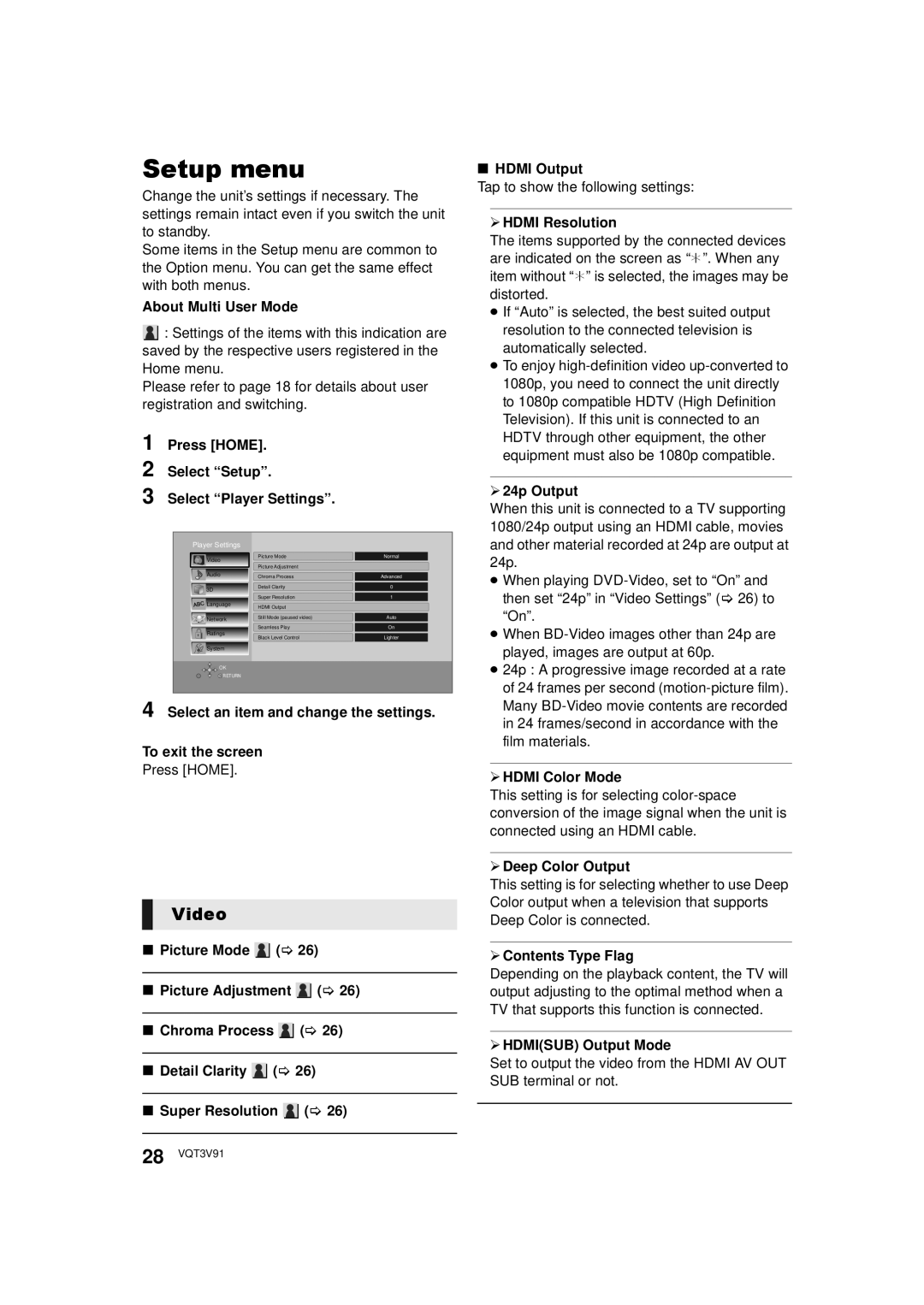 Panasonic DMP-BDT500 owner manual Setup menu, Video 