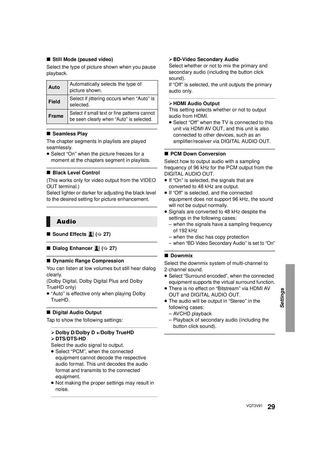 Panasonic DMP-BDT500 owner manual Audio, ¾ DTS/DTS-HD 