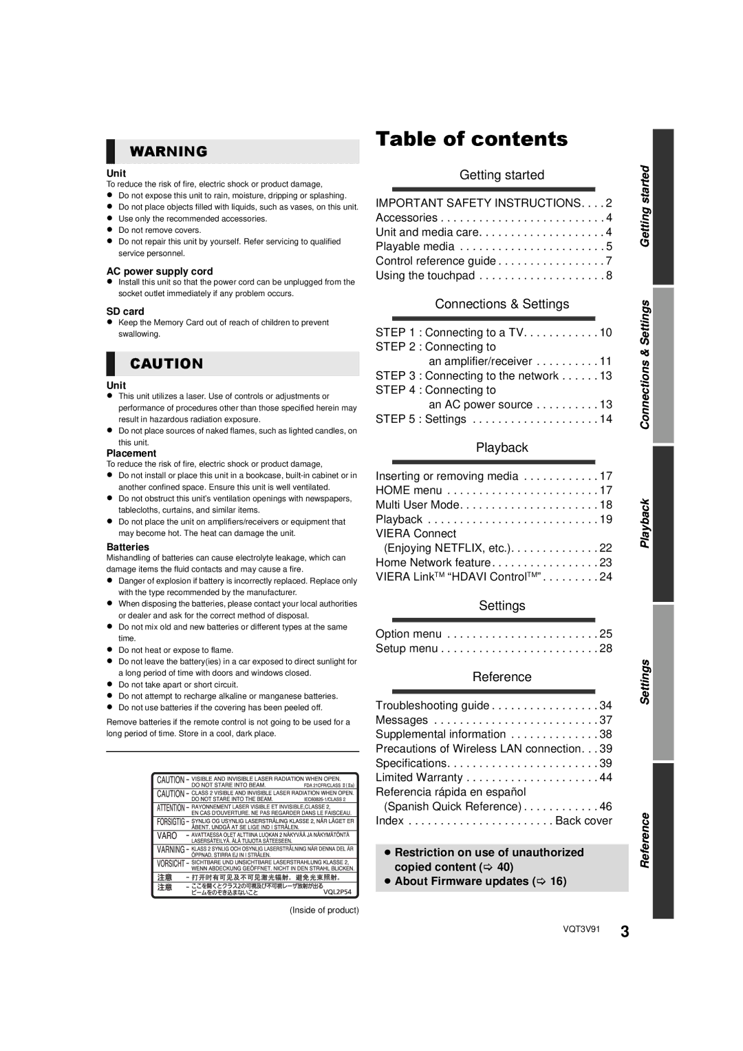 Panasonic DMP-BDT500 owner manual Table of contents 