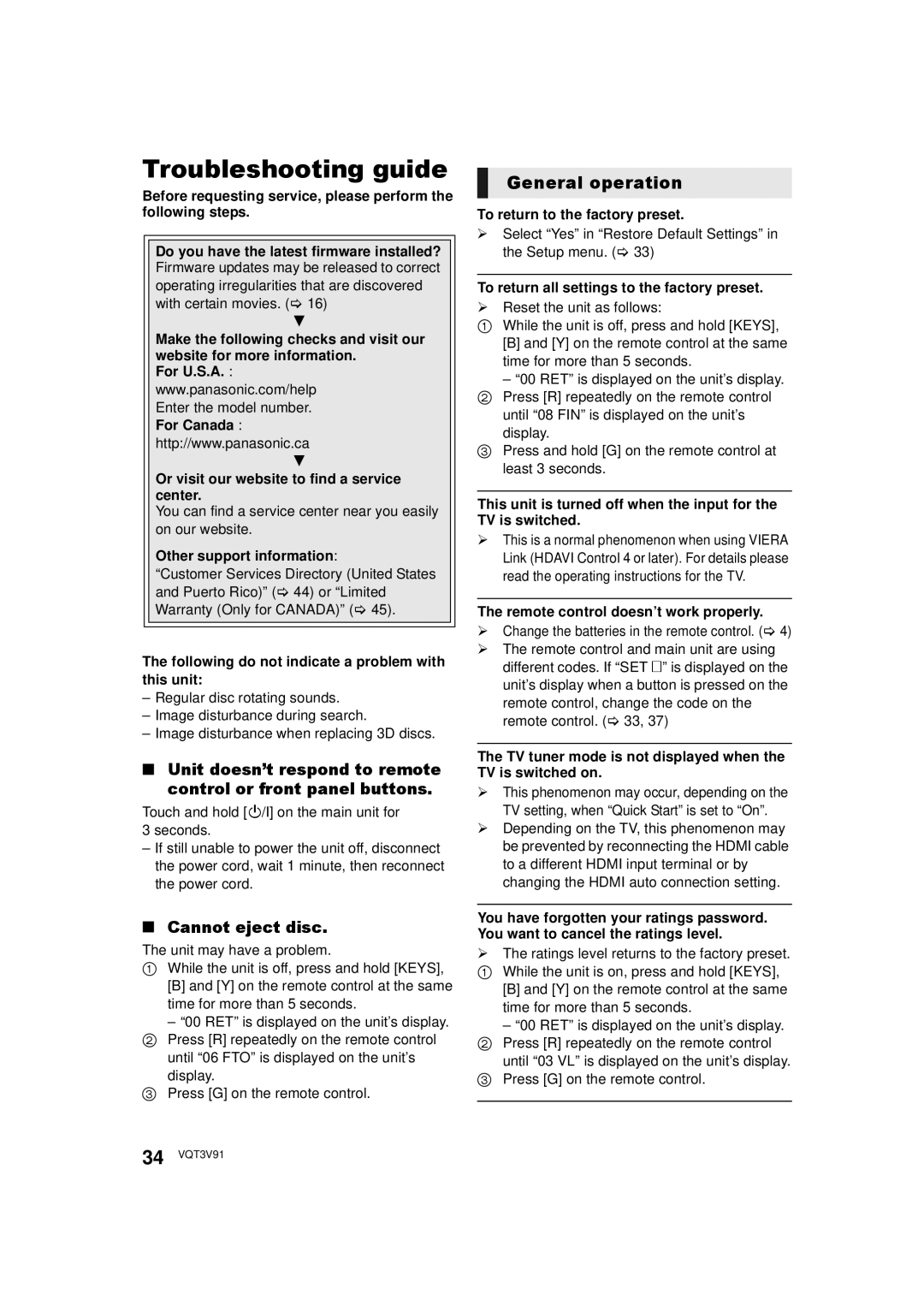 Panasonic DMP-BDT500 owner manual Troubleshooting guide, General operation, Cannot eject disc 