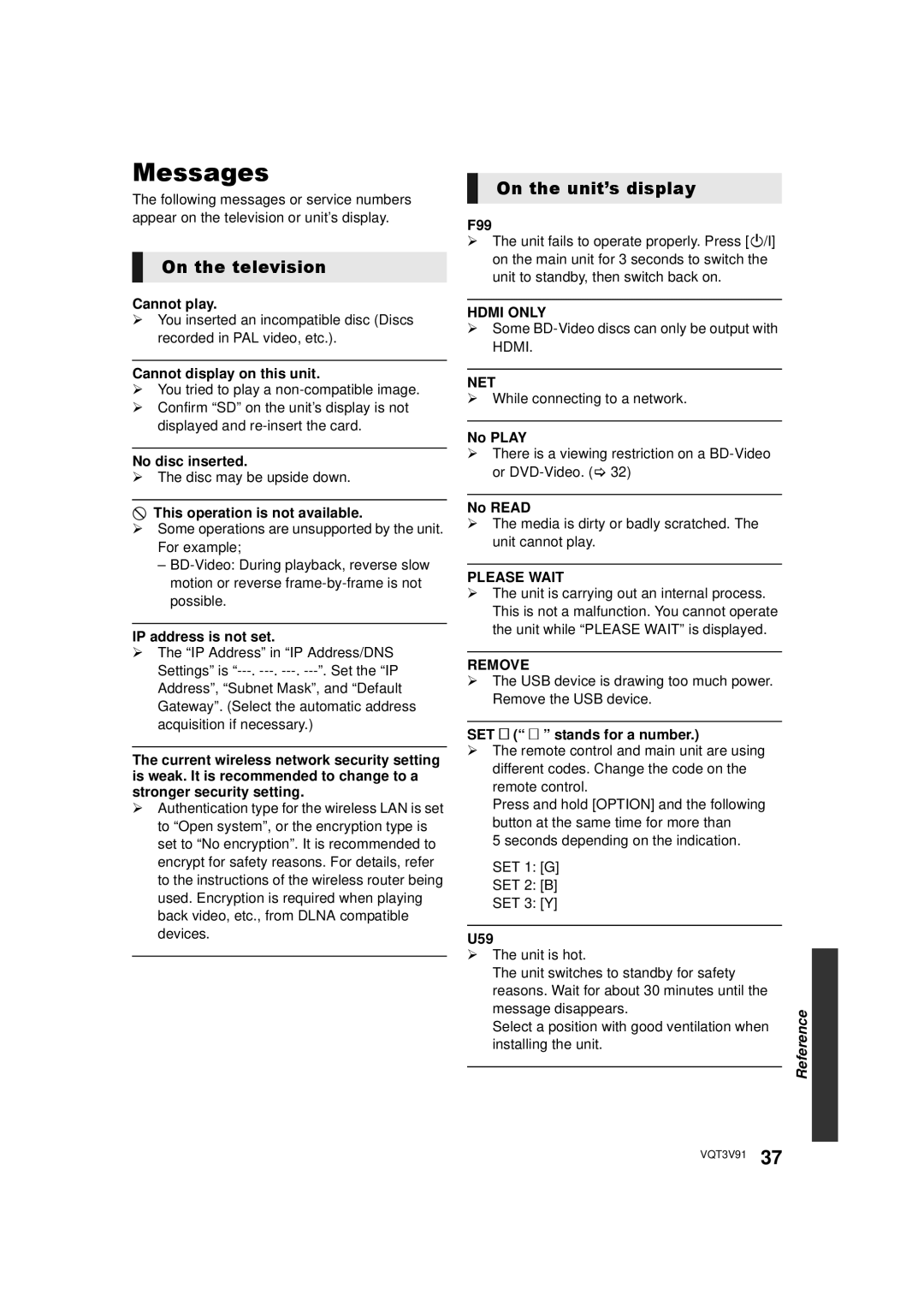 Panasonic DMP-BDT500 owner manual Messages, On the television, On the unit’s display 