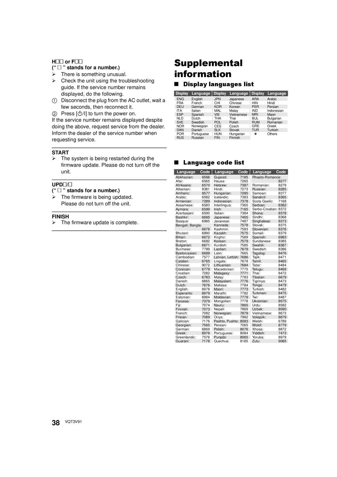 Panasonic DMP-BDT500 owner manual Supplemental information, Display languages list, Language code list, Start, Finish 