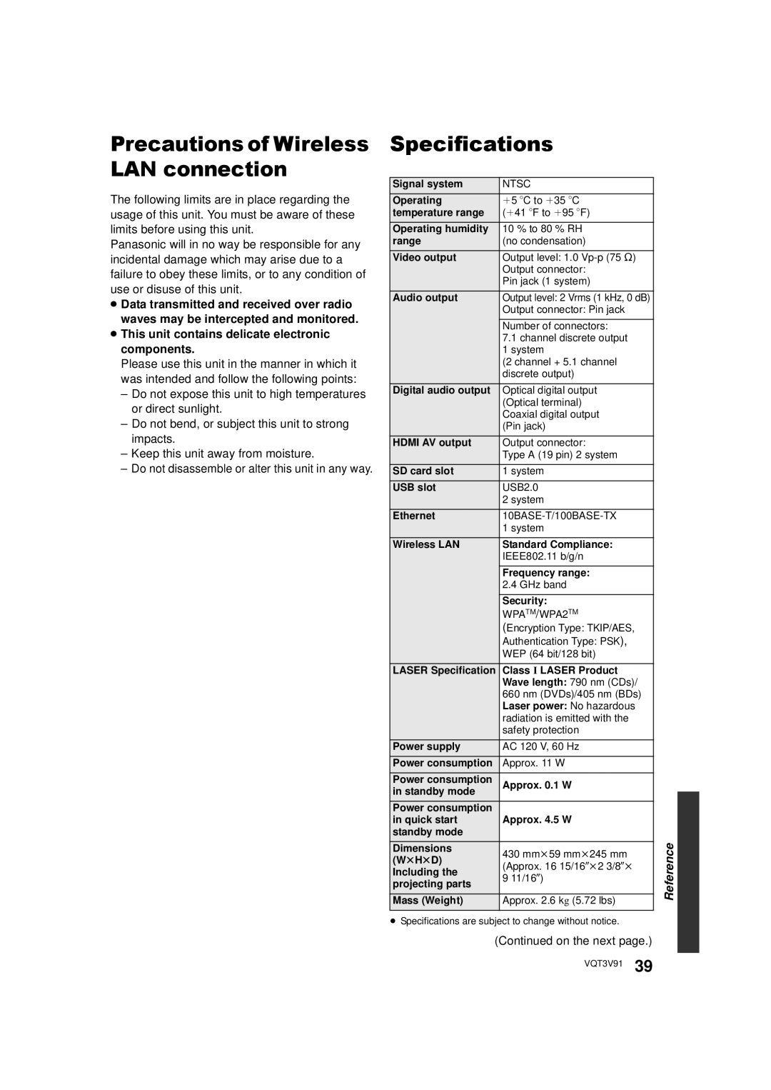 Panasonic DMP-BDT500 owner manual Specifications, ≥ This unit contains delicate electronic components, On the next 