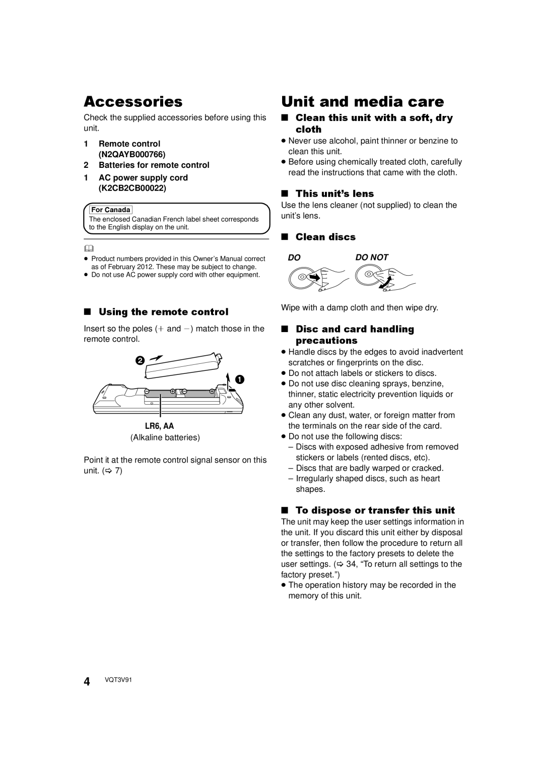 Panasonic DMP-BDT500 owner manual Accessories, Unit and media care 